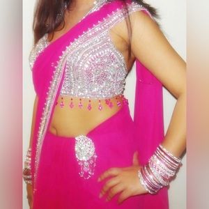 Fuchsia pink saree with halter blouse